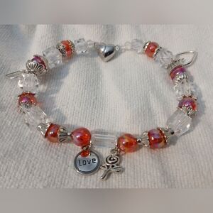 NWT Handcrafted Silver & Red Iridescent Beaded Valentine's Bracelet with Charms.